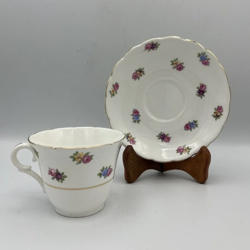 Vintage Colclough Teacup Saucer Chintz Floral Cabbage Rose Forget Me Not England